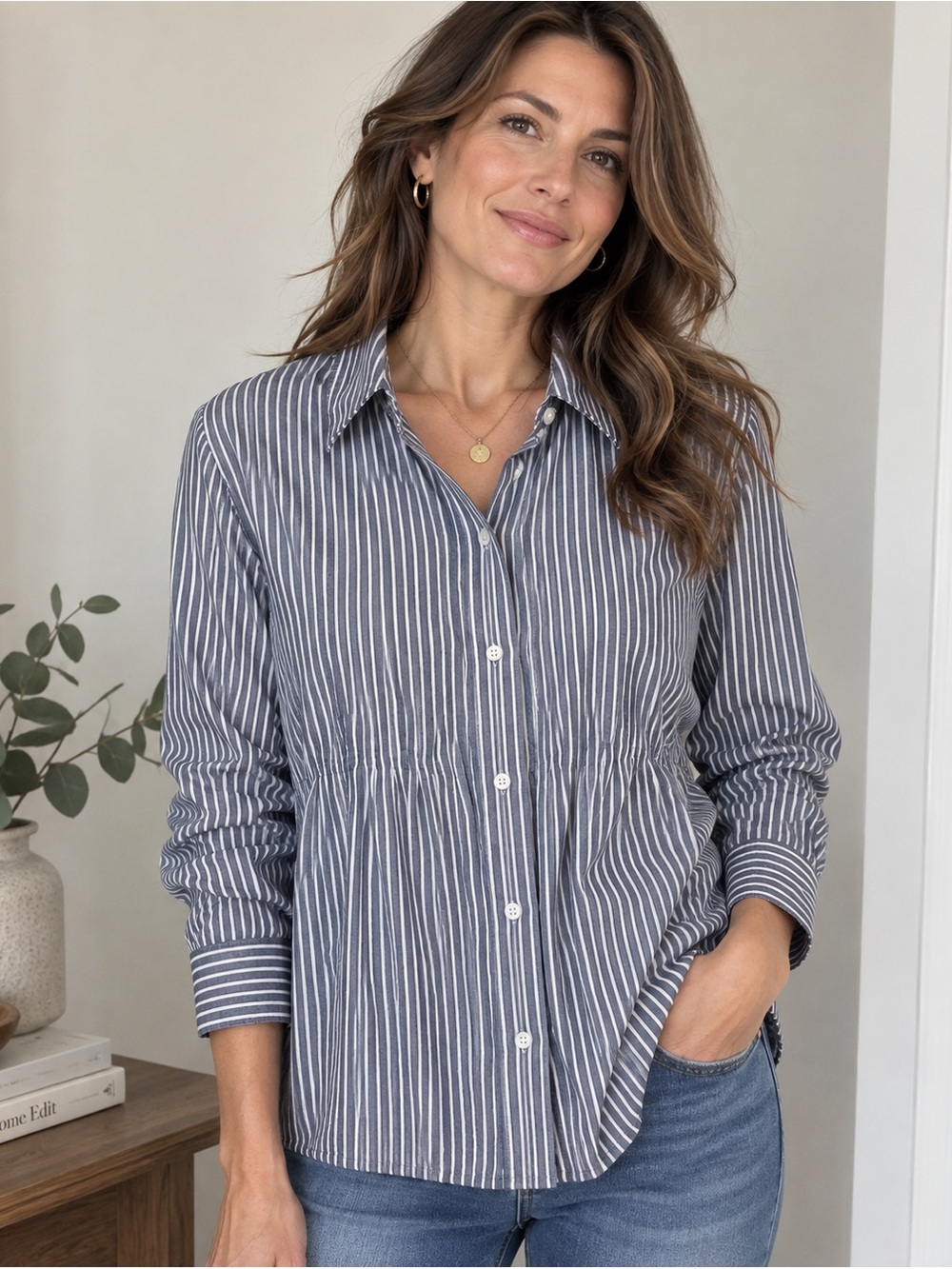 Orvis Blue White Striped Cotton Button Down Shirt Blouse M